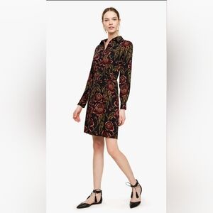 Ann Taylor Navy Black Red Floral Rose Garden Tie Long Sleeve Shirt Dress Sz SP